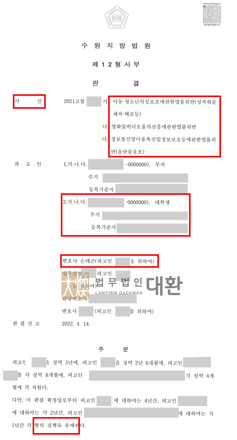 트위터 미성년자 출연자 모집, 성착취물제작및배포로 기소된 사건 집행유예 성공사례